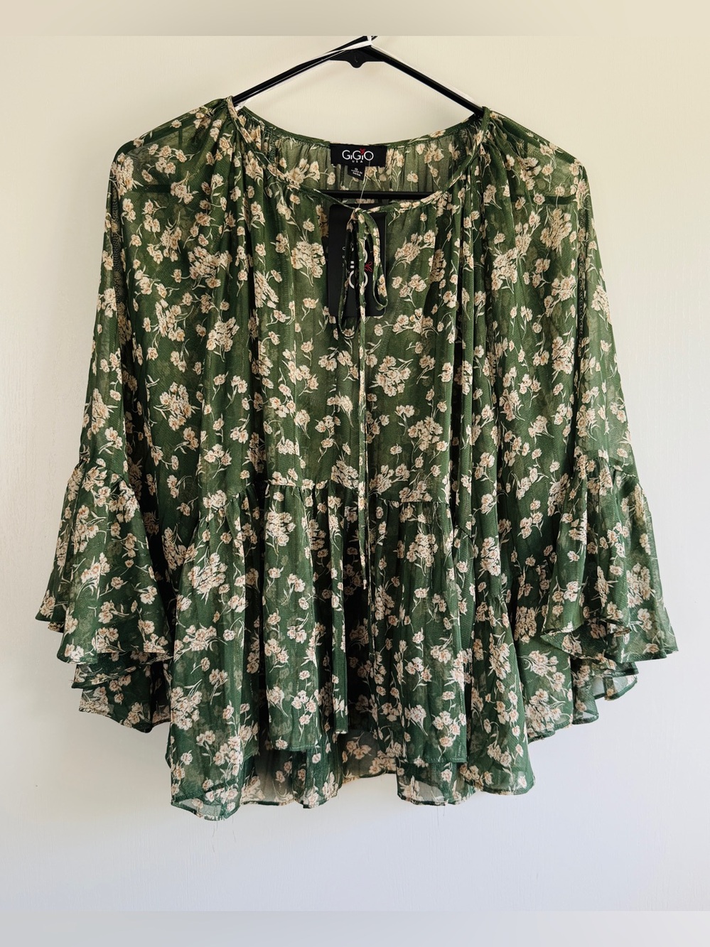Gigio Green Floral Peasant Blouse Sheer Gold Metallic Ruffle Tie Front